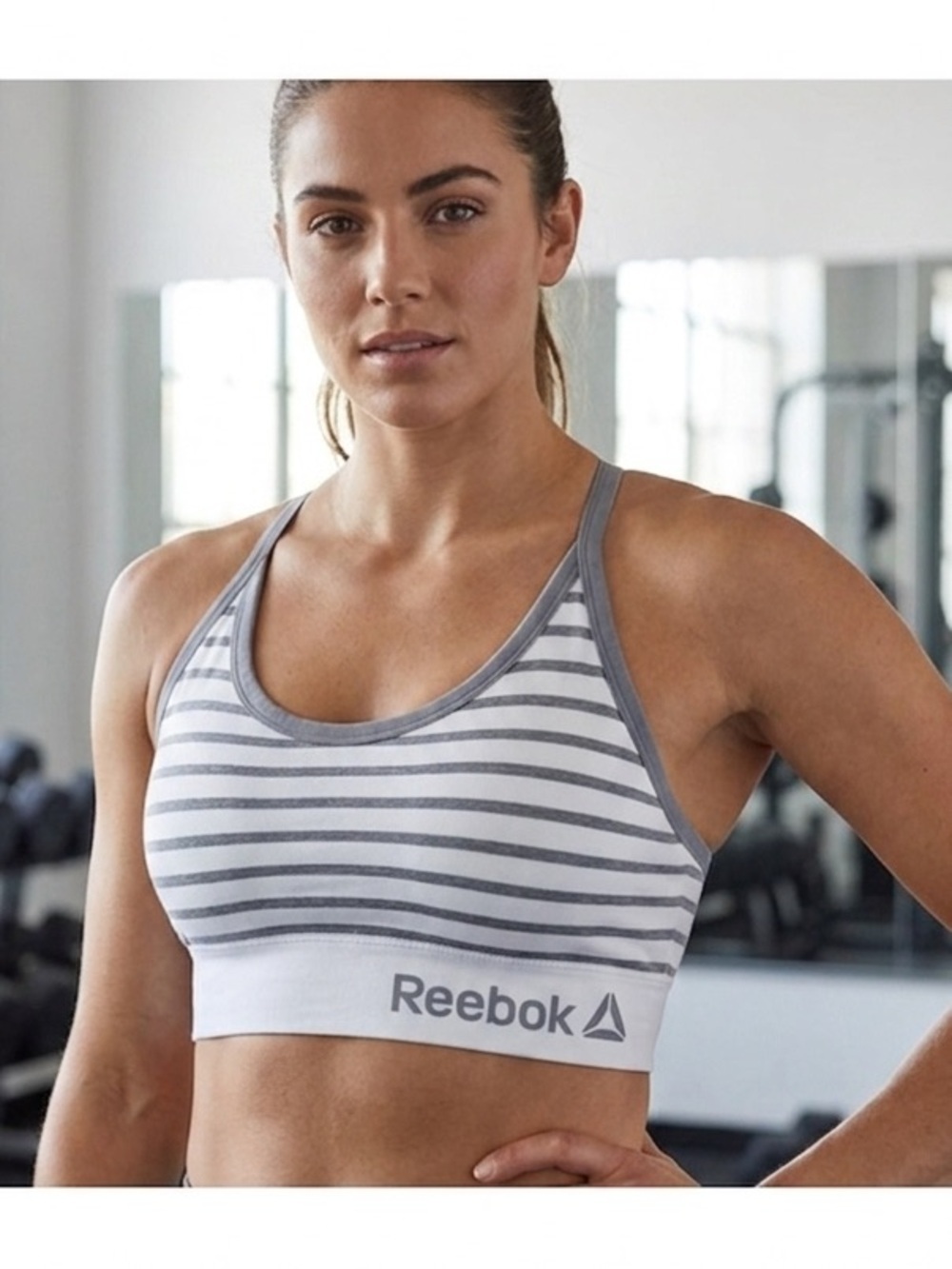 Reebok Gray and White Striped Bra